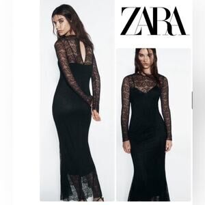Zara Black LACE MIDI DRESS Semi-sheer midi dress with round neck & long Sleeves